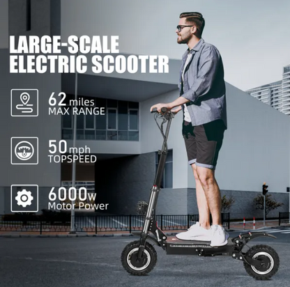 WHOSU Electric Scooter Adults, 6000W Dual Motor Up to 50 mph, 62 Miles Range, 4 Braking System, 11'Off-Road Folding E-Scooter for Adults, Portable E-Scooter